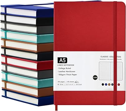 12 Pack Journal Notebooks College Ruled Notebook Classic Leather Hardcover Lined Journals for Writing Office School Home Business, 8.3” x 5.5”, 100GSM Thick Paper, 160 Pages